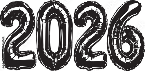 New Year 2026 Celebration: Elegant, jet-black, foil balloons form the digits 2026, evoking anticipation for the new year. A timeless and festive graphic, perfect for welcoming the future.