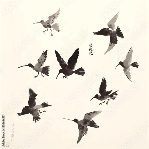Set of bue ink wash paintings of various birds in flight on white background. Traditional oriental ink painting sumi-e, u-sin, go-hua. Hieroglyph - happiness