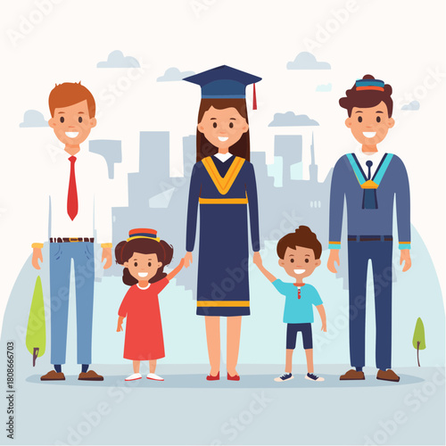 Proud family portrait on graduation day. A female student in a cap and gown with her husband and kids celebrating her academic achievement