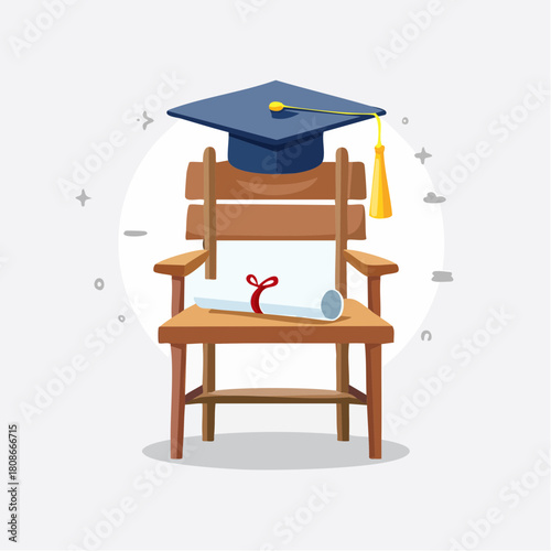 A dark blue graduation cap sits atop a wooden chair with a rolled diploma tied with a ribbon, symbolizing academic achievement and the commencement of a new journey