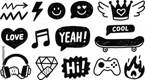 Collection of Black and White Hand Drawn Doodle Vector Illustration Set on Transparent Background