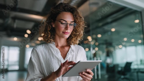 Confident woman checks her tablet in a modern office, ready to present new strategies, 4K