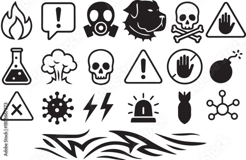 Warning Signs Symbols: A compilation of essential warning signs and symbols, designed for clear and concise communication. Each emblem represents a specific hazard.
