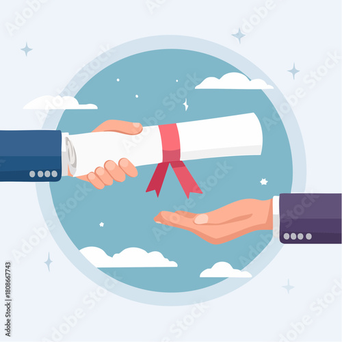 Achieving academic success a hand-off of a graduation scroll, symbolizing the culmination of study and the beginning of a new journey, signifying accomplishment and new opportunities