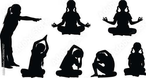 Yoga silhouette, child poses, mindfulness practice, seated stretch, meditation icon, flexibility training, wellness vector, calm activity, balance posture, peaceful exercise