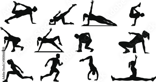 Yoga and fitness silhouette vector, stretching and balance poses, workout illustration set, black athletic figure collection, body movement icons