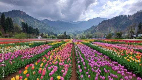 Vibrant tulip garden flourishing under dramatic skies in the stunning forested hills of Srinagar, Kashmir