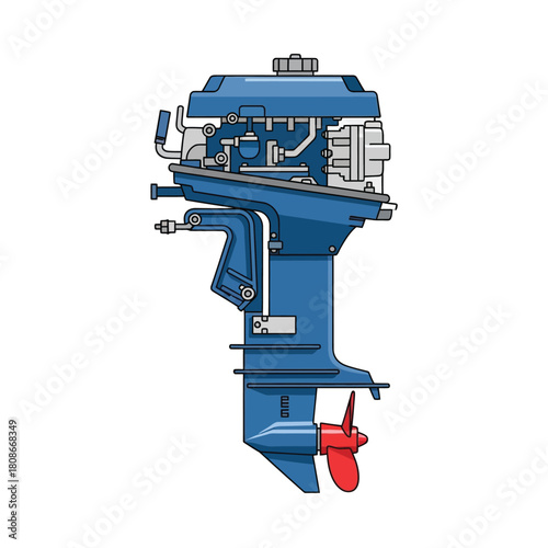 Detailed illustration of a blue outboard boat motor, showcasing its internal components.