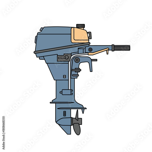 Illustration of a blue outboard motor, showing its various components and design.