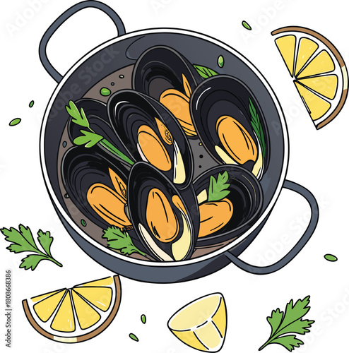Mussels in a pot with lemon isolated on