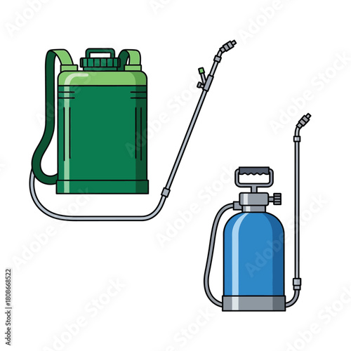 Illustration of a green backpack sprayer and a blue handheld sprayer, both used for dispensing liquids.