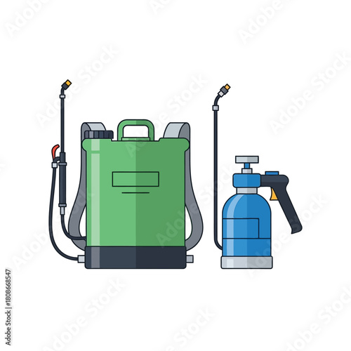 Illustration of a backpack sprayer and a handheld sprayer, both used for gardening or pest control.