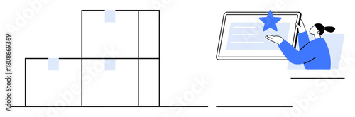 Woman interacting with tablet screen focusing on product management. Storage boxes stacked neatly nearby. Ideal for e-commerce, logistics, inventory management, digital tools, organization, business