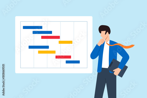 Flat illustration of businessman analyzing Gantt chart with colorful bars symbolizing workflow optimization productivity improvement project and time management