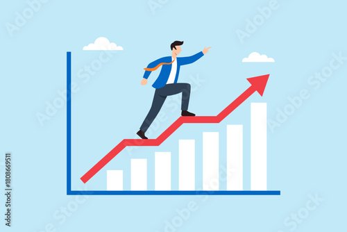 Flat illustration of businessman confidently climbing and pointing upward on rising line graph chart symbolizing business growth financial success and goal achievement