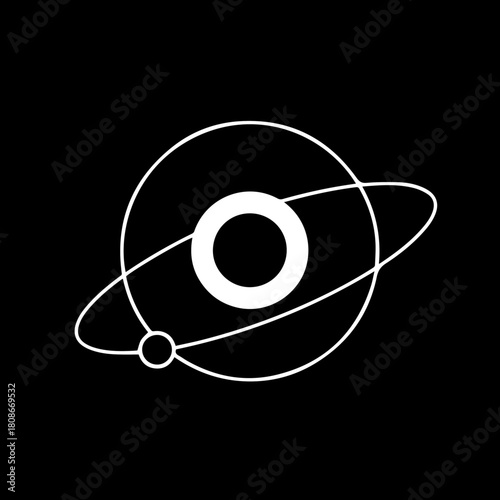 Minimalist Atomic Structure Icon representing a nucleus with orbiting electrons on a black background