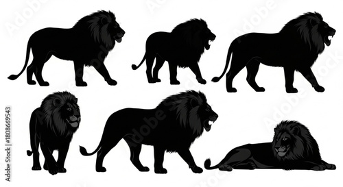Lion Silhouette Vector Illustration Showing Standing, Roaring, Walking, and Resting Poses in Minimal Wild Style

