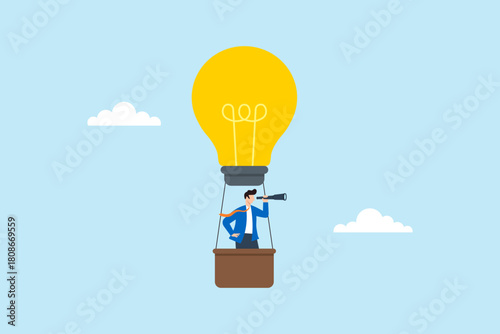 Flat illustration of businessman flying in hot air balloon shaped like light bulb while looking through telescope symbolizing innovation visionary thinking and exploration of creative opportunities
