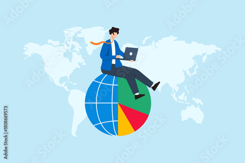 Flat illustration of businessman working on laptop while sitting on colorful world pie chart symbolizing market segmentation global analytics data visualization and international growth strategy