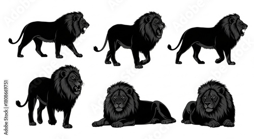 Lion Silhouette Vector Illustration Showing Standing, Roaring, Walking, and Resting Poses in Minimal Wild Style

