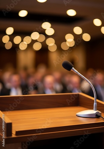 Formal presentation setting with a lectern and microphone in sharp focus, anticipating a speaker's arrival