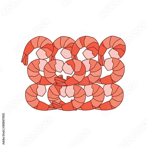 A simple illustration of a pile of cooked, peeled, reddish-orange shrimp arranged in a cluster, ready for consumption.