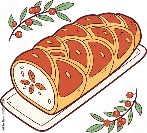 Festive cranberry loaf on a platter with berries isolated on