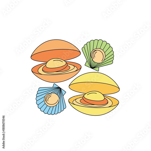 Colorful illustrations of open seashells, each containing a pearl, on a white background.