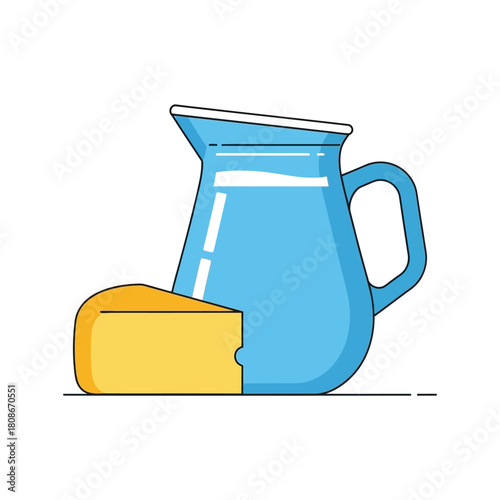 A blue pitcher of liquid beside a wedge of yellow cheese, isolated.