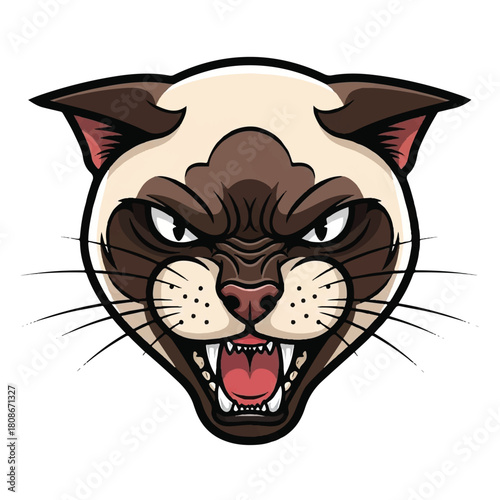 Fierce Siamese Cat Head Illustration With Angry Expression and Bared Teeth