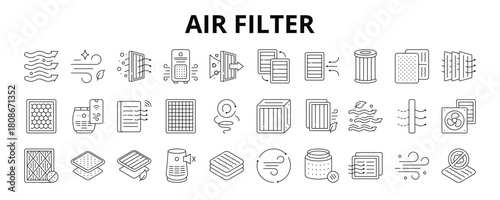 30 Air Filter Line Icons Vector - Dust Filter, HEPA, Sensor, Vent, Odor, Air Cleaner, Carbon Filter