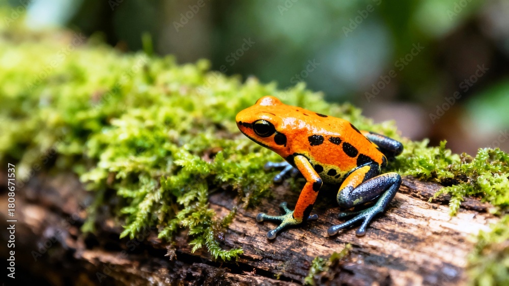 Fototapeta premium A colorful poison dart frog captured in high detail on rainforest moss, perfect for biodiversity and tropical wildlife content