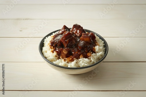 a ceramic bowl filled with jasmine rice topped with chunks of glazed meat in barbecue sauce
