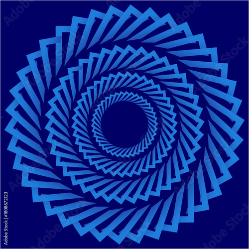 A hypnotic whirl of layered blue frames twists inward, creating a dynamic geometric spiral that feels both energetic and serenely balanced in motion.