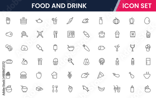 Food and drink web icons in line style. Meal, restaurant, dishes, fruits, fast food, burger, pizza, coffee, sandwich, collection. Vector illustration.