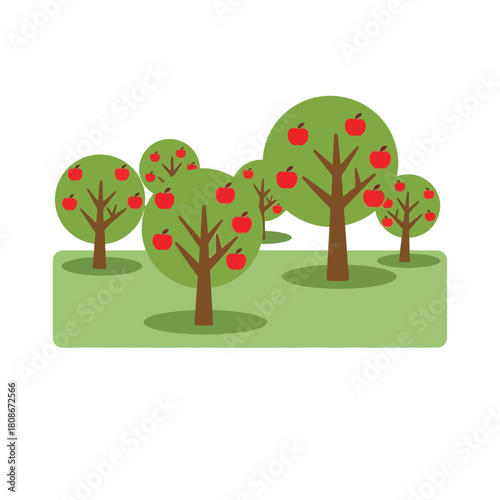 A cartoon illustration of an apple orchard with several trees bearing red fruit on a green field.