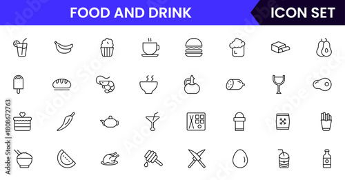 Food and drink web icons in line style. Meal, restaurant, dishes, fruits, fast food, burger, pizza, coffee, sandwich, collection. Vector illustration.