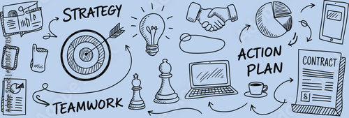 business doodle set, creative vector scribble illustration featuring finance strategy diagrams, teamwork communication signs, mind planning icons, and money idea graphics, suitable for infographic .