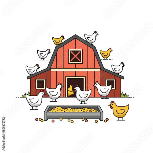 Illustration of a red barn with chickens perched on top and around it, with a feeding trough in front.
