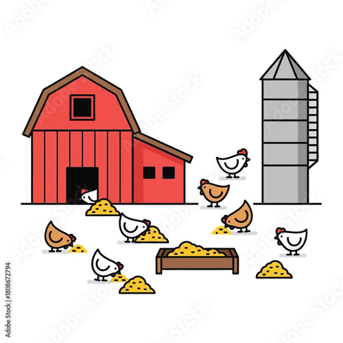 Cartoon illustration of chickens feeding near a red barn and a silo on a farm.