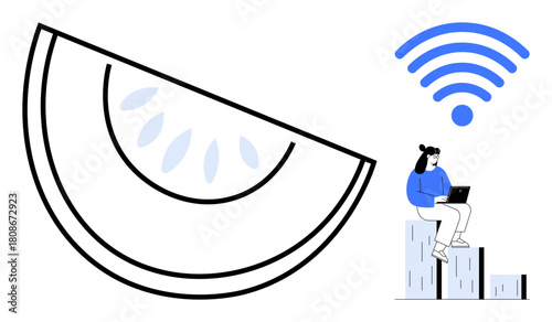 Giant citrus slice next to wireless symbol. Person working remotely with laptop, sitting on abstract blocks. Ideal for technology, connectivity, remote work, business, freelancing, creativity