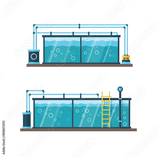 Two water treatment tanks with pipes and equipment, showing water purification or industrial processes.