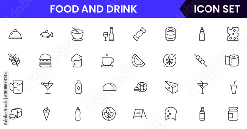 Food and drink web icons in line style. Meal, restaurant, dishes, fruits, fast food, burger, pizza, coffee, sandwich, collection. Vector illustration.