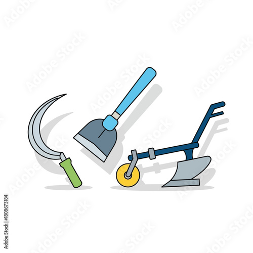 Vector illustration of farming tools, including a sickle, hoe, and plow.