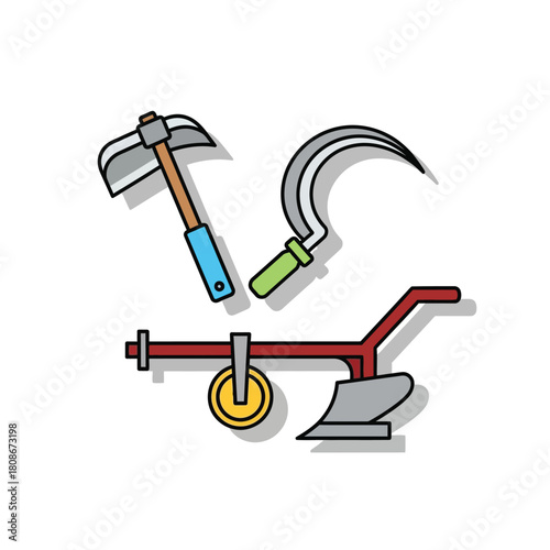 Vector illustration of farming tools, including a hoe, sickle, and plough, isolated.
