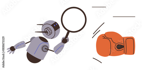 Robot holding magnifying glass analyzing surroundings while dodging a boxing glove symbolizing obstacles. Ideal for concepts of technology, AI, challenges, precision, problem-solving, conflict