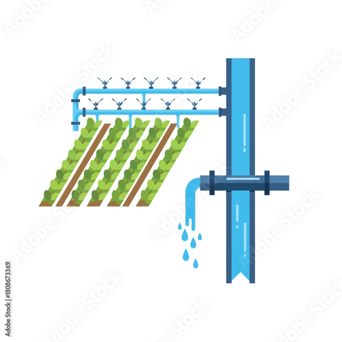Illustration of an irrigation system watering rows of crops in a field.