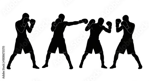 Boxer Silhouette Vector Illustration Showing Guard, Jab, Hook, Uppercut, and Knockout Poses in Dynamic Sports Style

