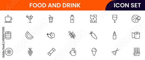 Food and drink web icons in line style. Meal, restaurant, dishes, fruits, fast food, burger, pizza, coffee, sandwich, collection. Vector illustration.