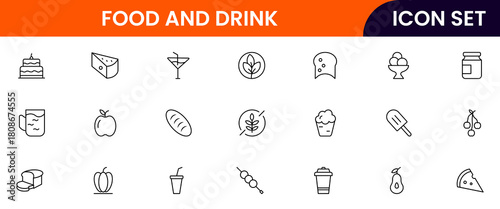 Food and drink web icons in line style. Meal, restaurant, dishes, fruits, fastfood, burger, pizza, coffee, sandwich, collection. Vector illustration.